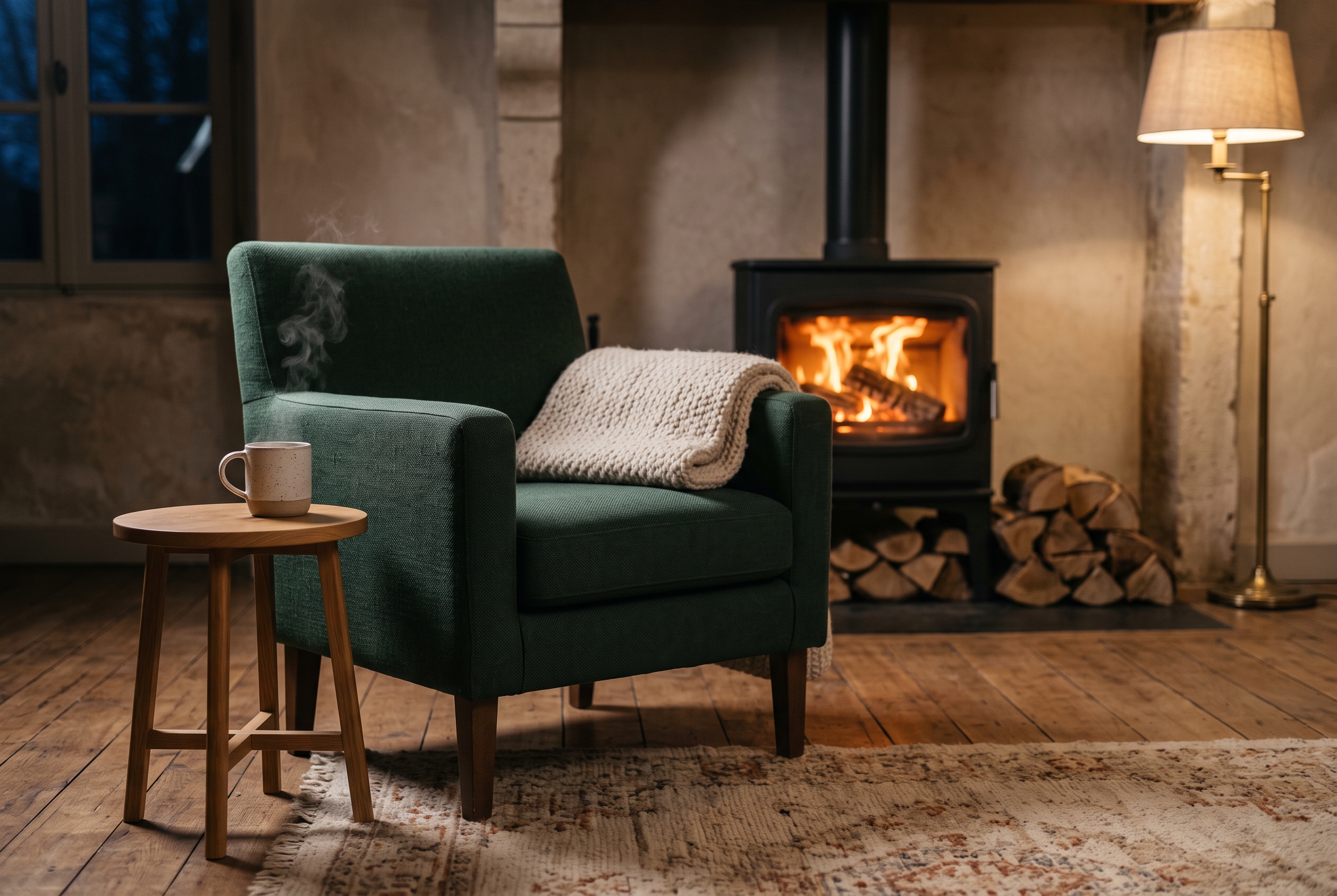 Un fauteuil, un plaid et une tasse près du poêle allumé