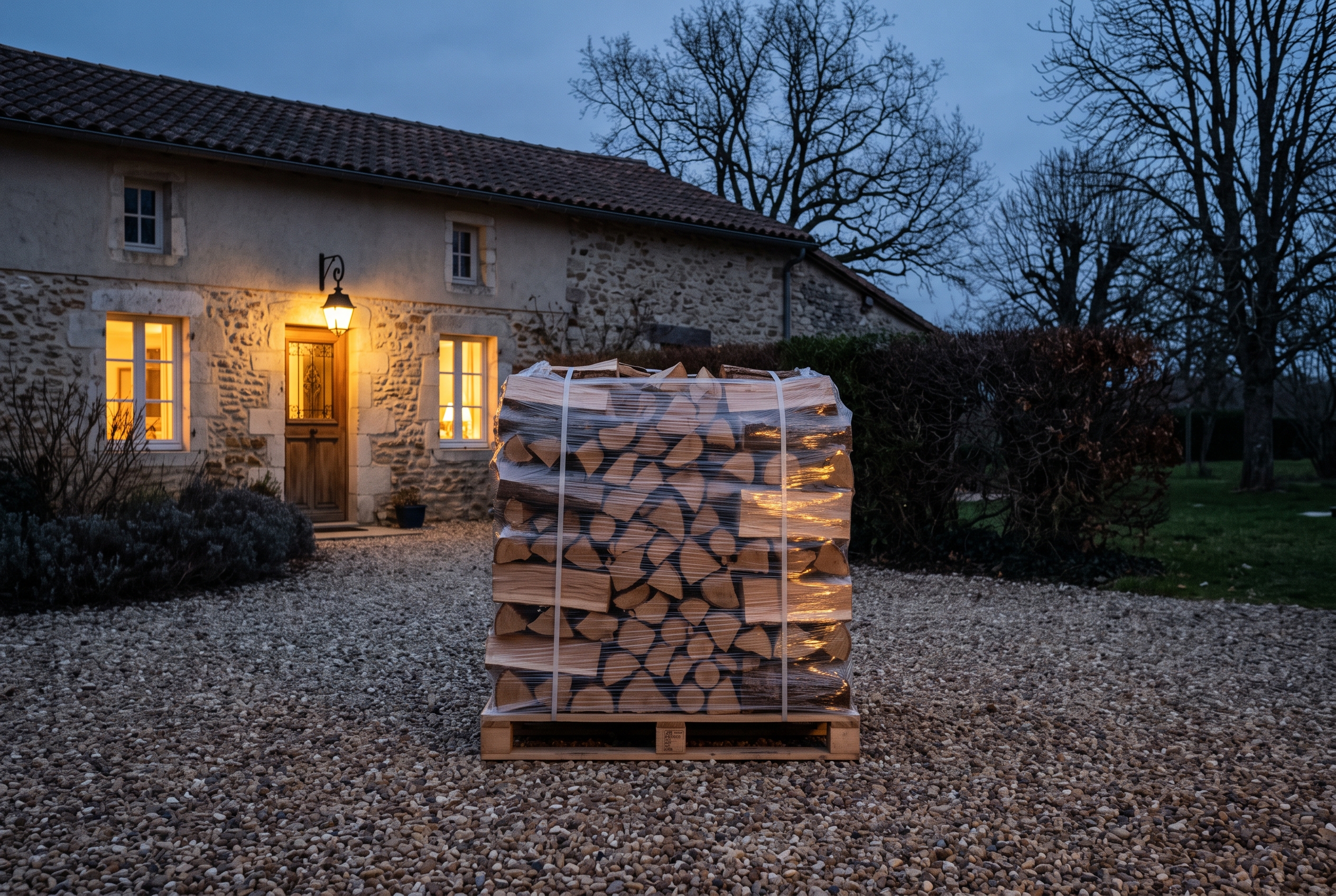 Palette de bûches filmée déposée devant une maison au crépuscule